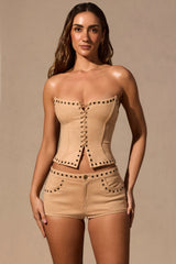 Lace-Up Corset Top  in Tan