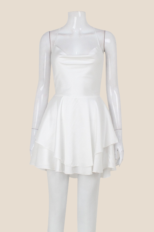 Straps White Lace-up Back Tiered Mini Dress