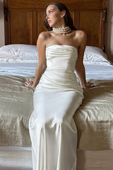 Chic Solid Satin Shirred Strapless Elegant Maxi Dress