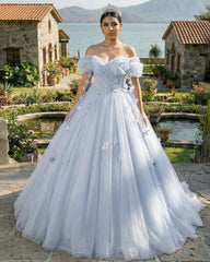 Ball-Gown Tulle Off The Shoulder Pearls Butterflies Quinceanera Dress with Appliqued
