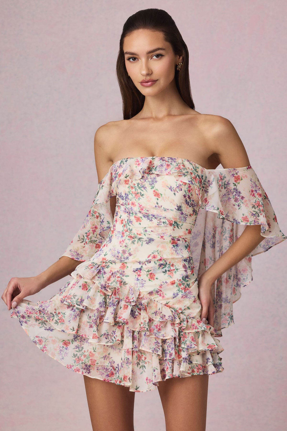 Off-Shoulder Ruffled Mini Dress in Primrose Floral Print