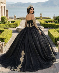 Black Long Sleeves Strapless Quinceanera Dresses with Appliques