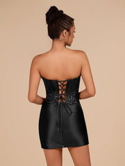 Black - Strapless Bodycon Satin Pleated Short Homecoming & Cocktail Dresses With Beading