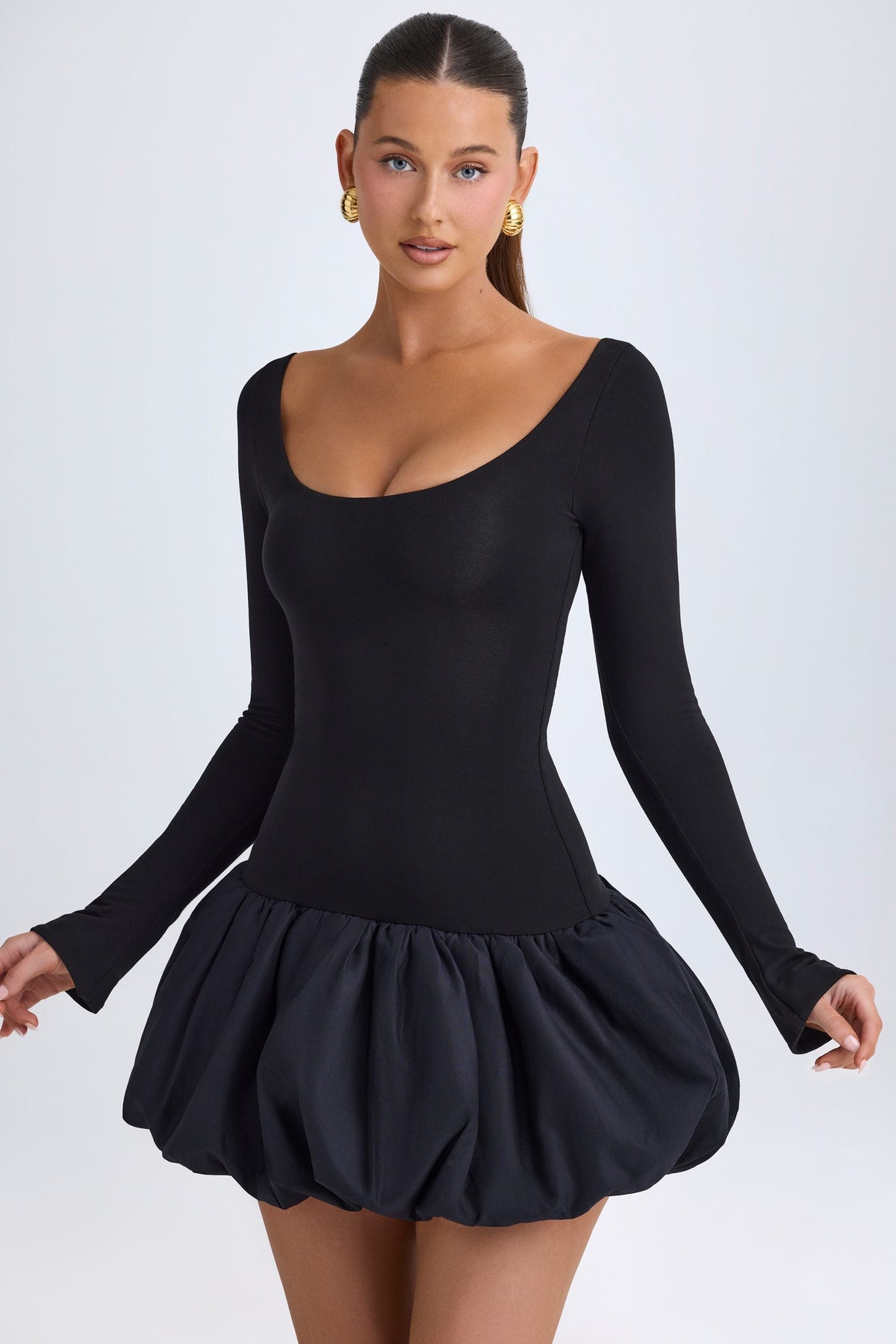 Modal Scoop-Neck Drop-Waist Bubble Hem Mini Dress in Black
