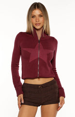 Groove Burgundy Star Zip Up Knit Sweater