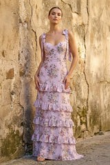 Blue Spaghetti Straps A Line Long Floral Prom Dress