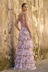 Blue Spaghetti Straps A Line Long Floral Prom Dress