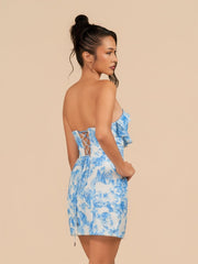 Blue - Sheath Strapless Floral Ruffles Short Homecoming Dresses