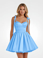 Blue - Spaghetti Straps Satin Pleated A Line Homecoming Dresses With Bow