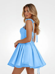 Blue - Spaghetti Straps Satin Pleated A Line Homecoming Dresses With Bow