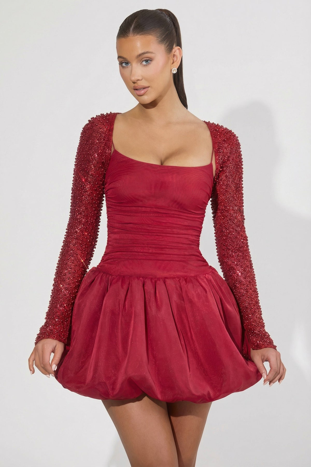 Embellished Bubble Hem Mini Dress in Red