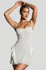 Embellished Frill Mini Dress in White