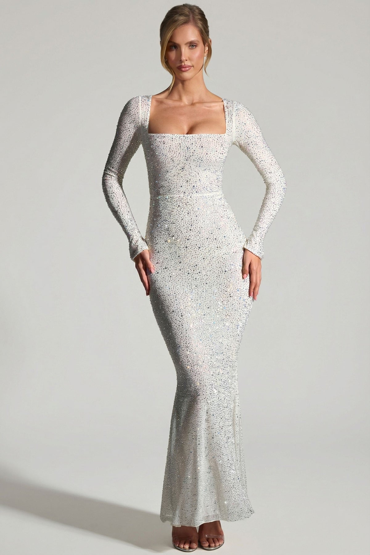 Embellished Long-Sleeve Fishtail Maxi Dress in White