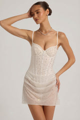 Semi-Sheer Embellished Draped Corset Mini Dress in White
