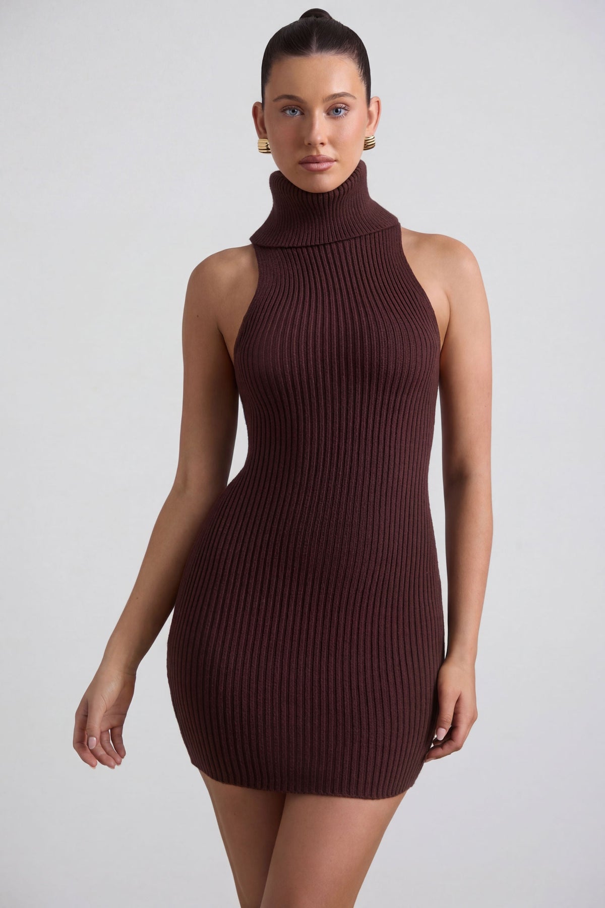 Ribbed-Knit Turtleneck Mini Dress in Espresso