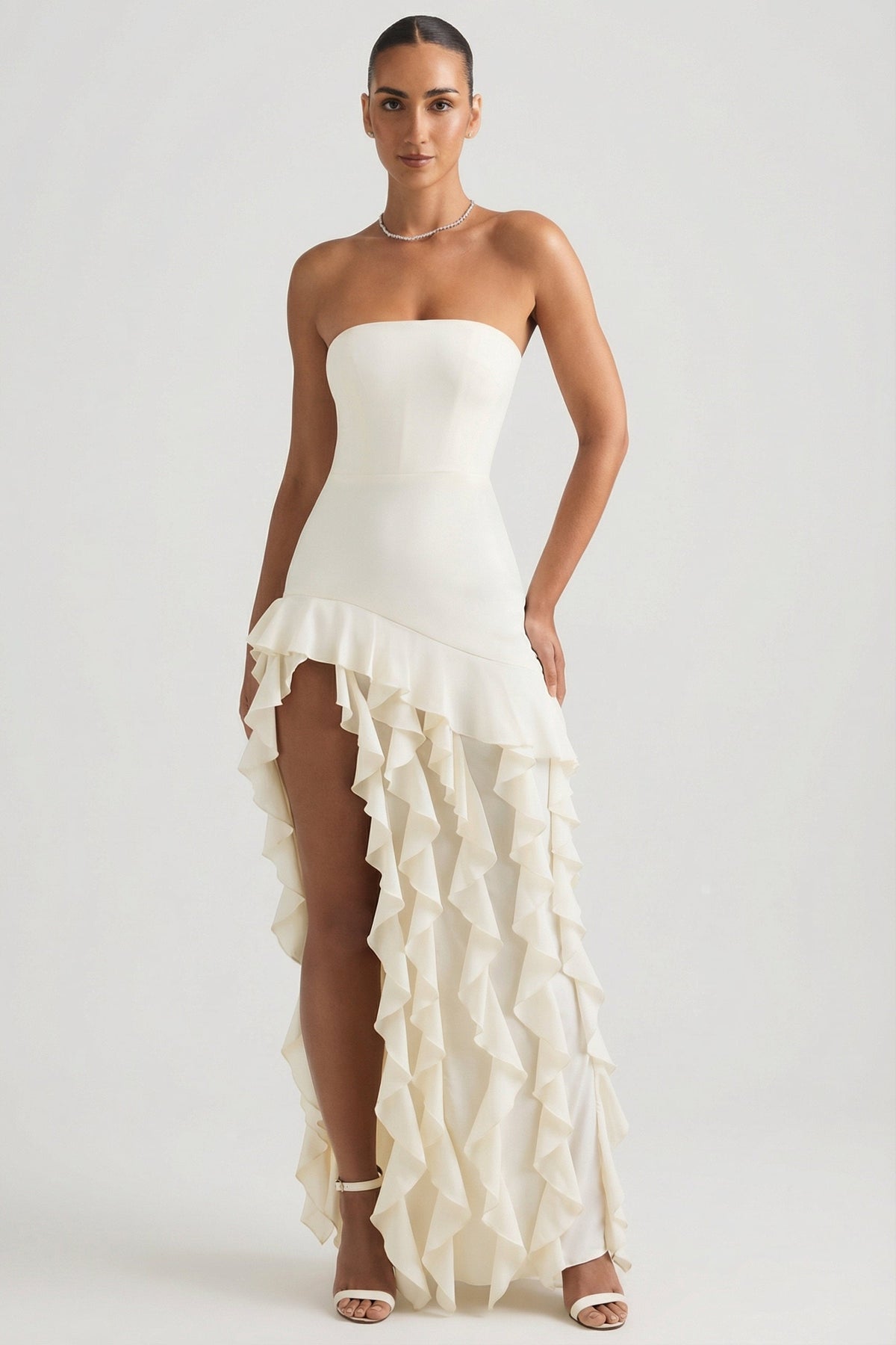 Ruffle-Trim Strapless Gown in Ivory