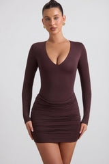 Modal-Cashmere Blend Draped Long-Sleeve Mini Dress in Espresso