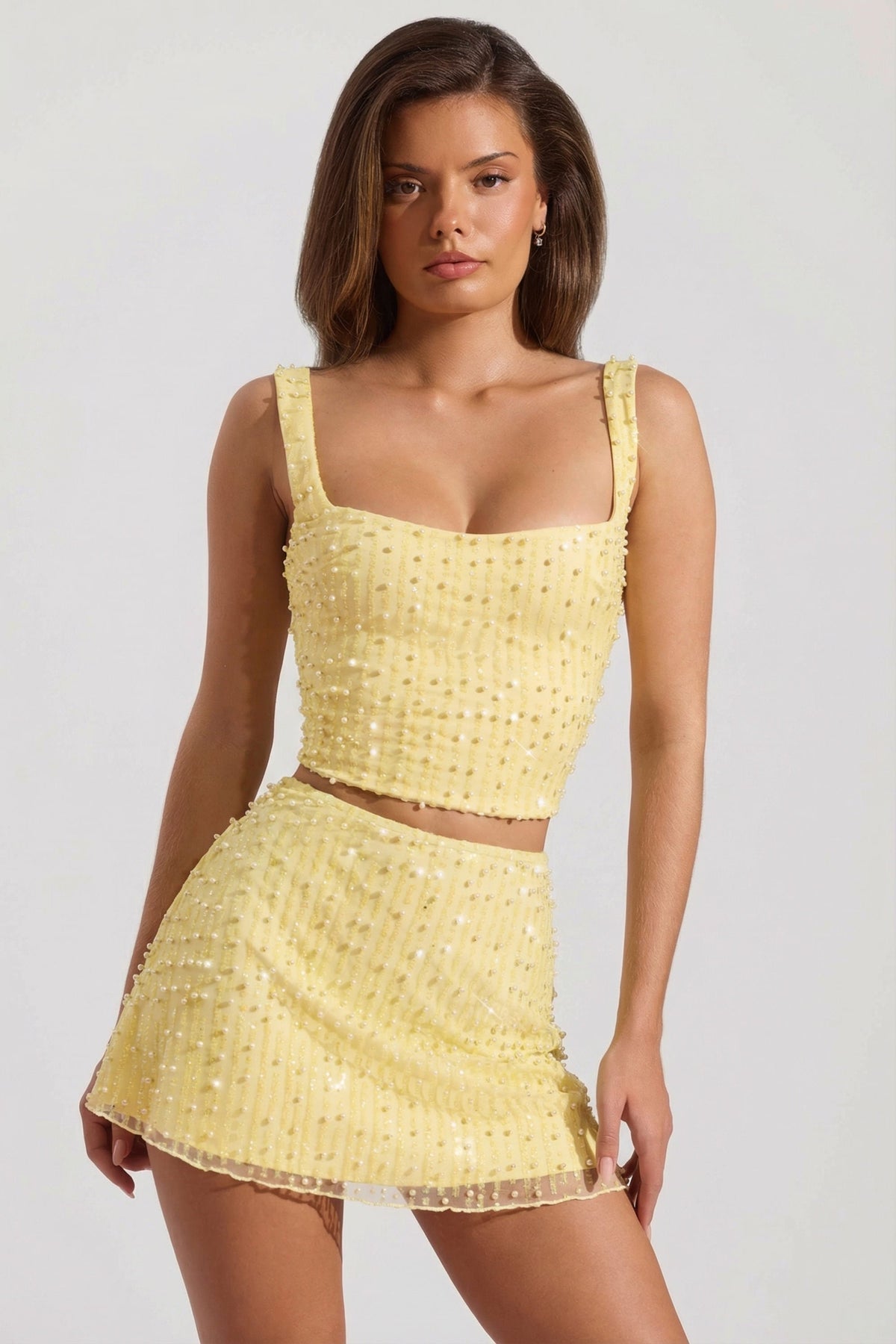 Embellished Low-Rise Mini Skirt in Yellow