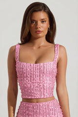 Embellished Square-Neck Crop Top in Pink