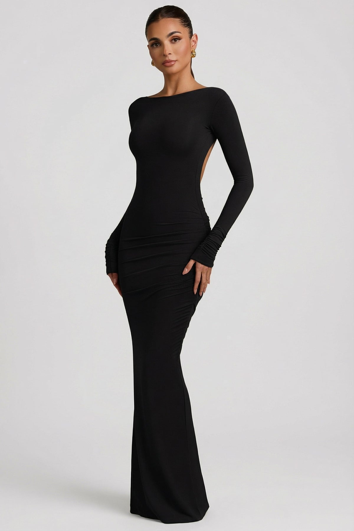Modal Ruched Backless Maxi Dress in Black