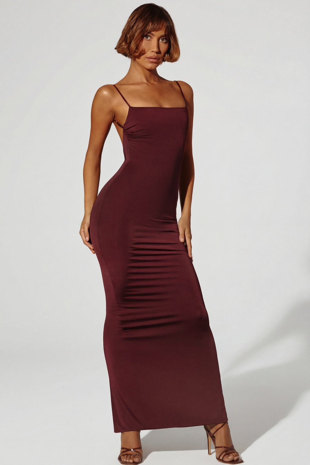 Ruched Bodycon Maxi Dress in Brown