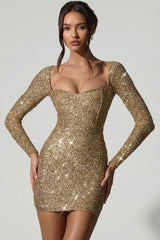 Embellished Sweetheart-Neck Mini Dress in Gold