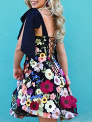 Black - Sweetheart Bow Strap A-Line Homecoming Dress With Floral Appliques