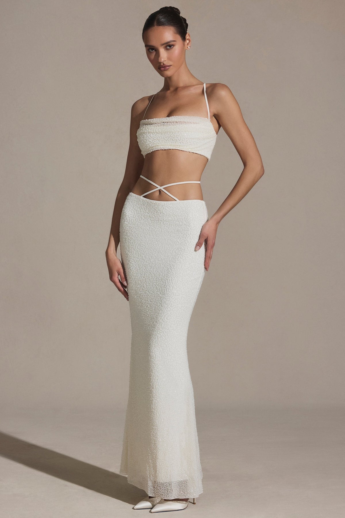 Embellished Strappy Maxi Skirt in White
