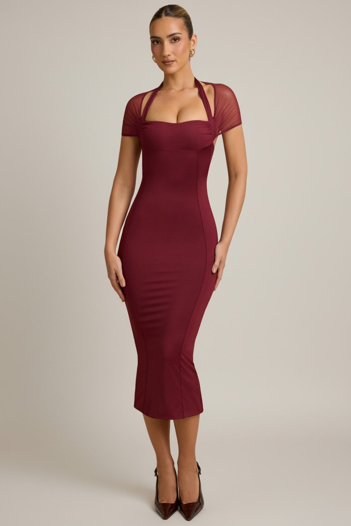 Slinky Jersey Open-Back Midaxi Dress in Wine Red