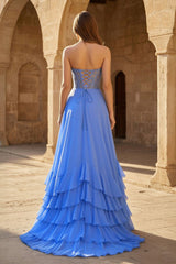 Blue - Sweetheart Chiffon Ruffled A Line Long Prom Dresses With Appliques