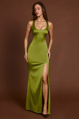 Scoop-Neck Lace-up Back Maxi Dress in Olive Green